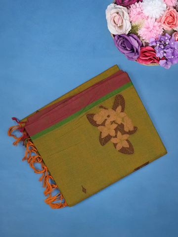 Olive Green Floral Motif Design Cotton Saree With Contrast Border - Diadem