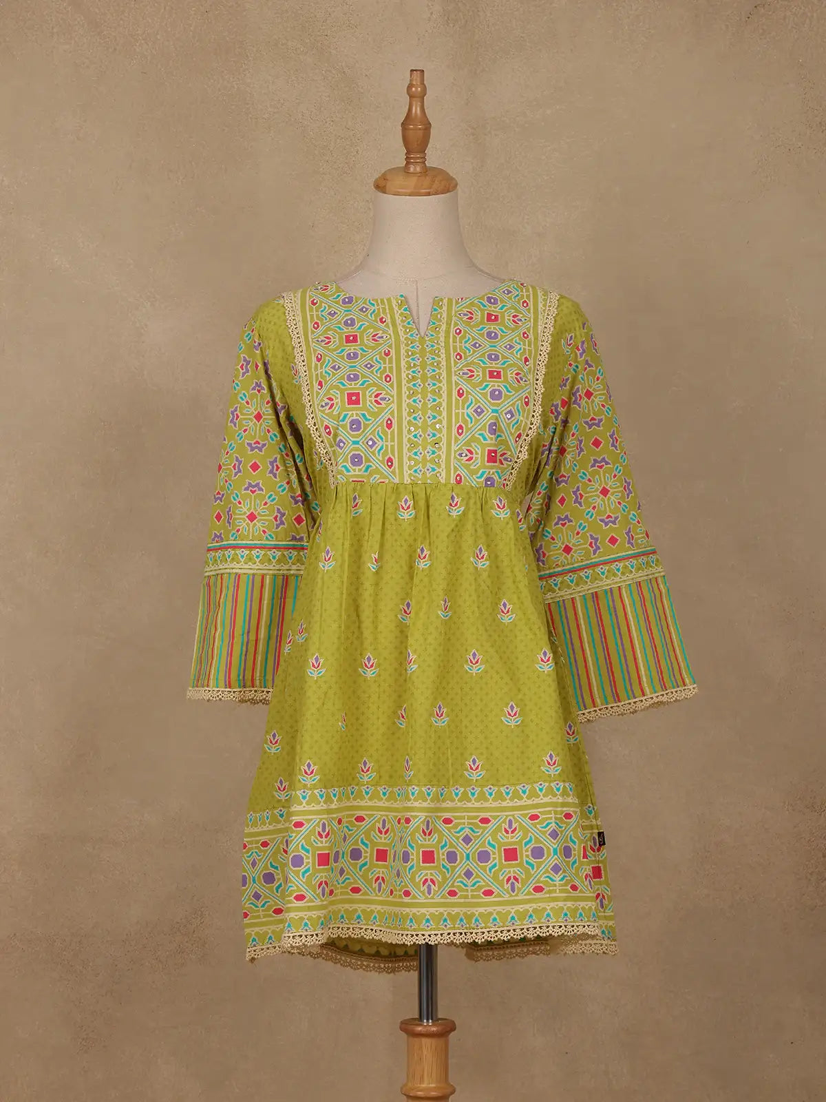 Olive Green Floral Printed Cotton Kurti Top - Diadem