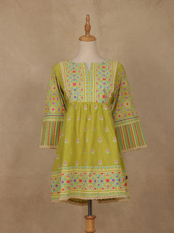 Olive Green Floral Printed Cotton Kurti Top - Diadem