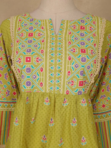Olive Green Floral Printed Cotton Kurti Top - Diadem