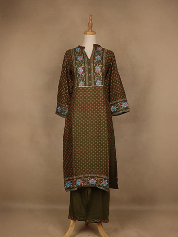 Olive Green Floral Printed Cotton Salwar Suit - Diadem
