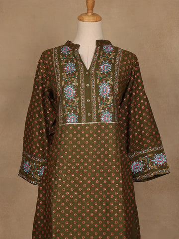 Olive Green Floral Printed Cotton Salwar Suit - Diadem