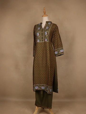 Olive Green Floral Printed Cotton Salwar Suit - Diadem