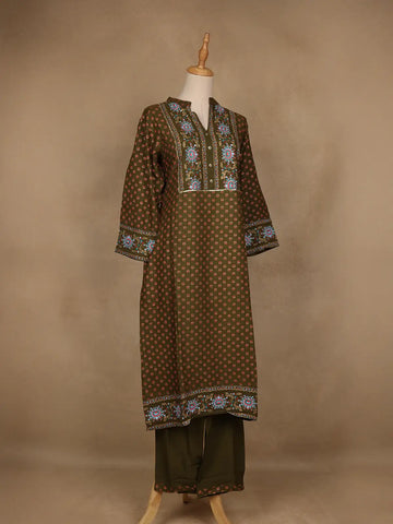 Olive Green Floral Printed Cotton Salwar Suit - Diadem
