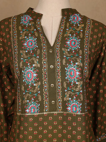 Olive Green Floral Printed Cotton Salwar Suit - Diadem