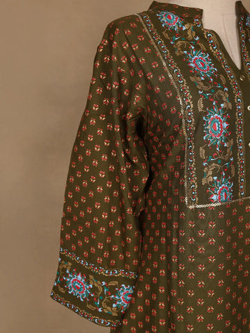 Olive Green Floral Printed Cotton Salwar Suit - Diadem