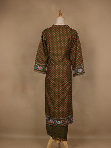 Olive Green Floral Printed Cotton Salwar Suit - Diadem