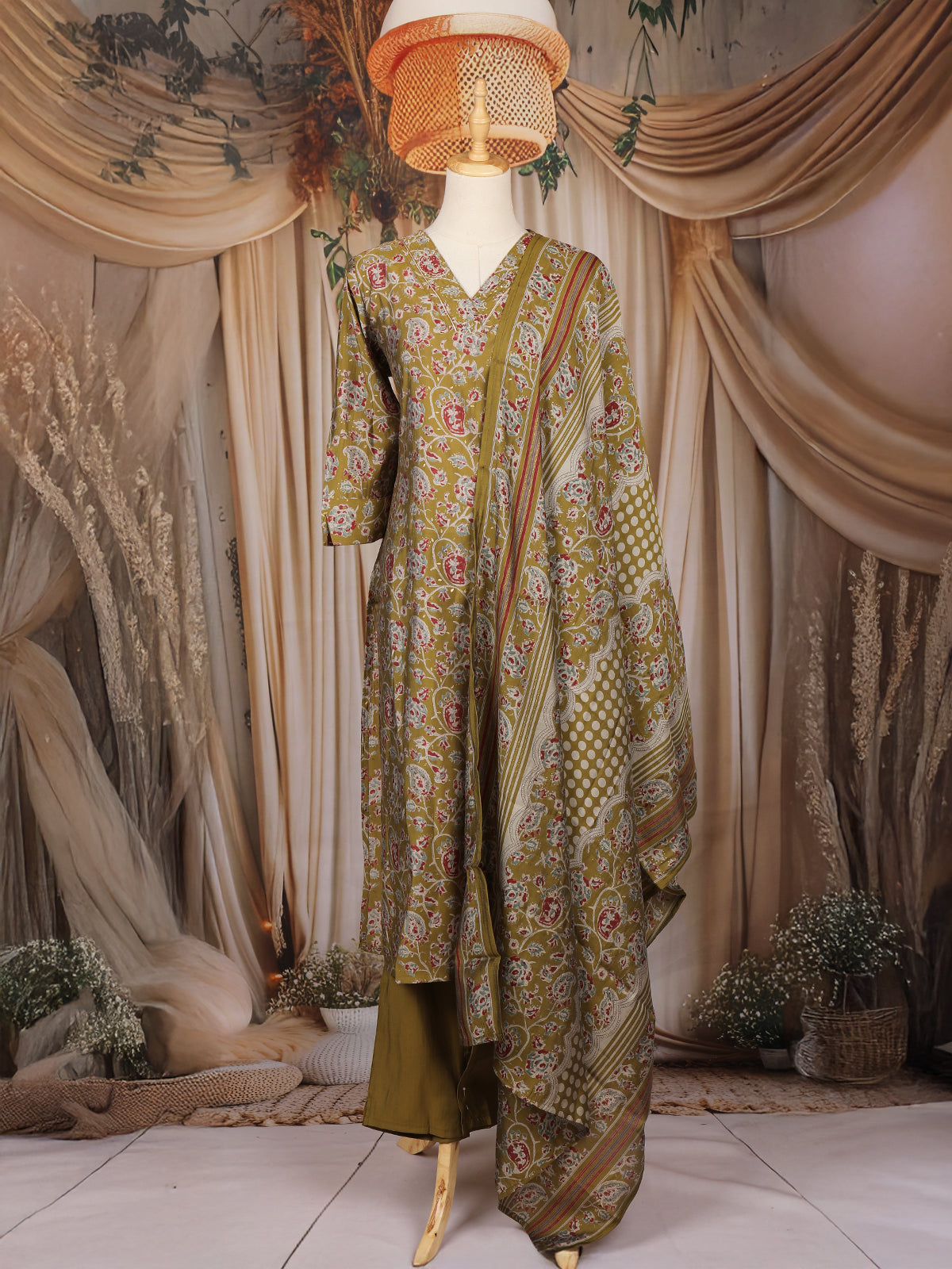 Olive Green Floral Printed Cotton Salwar Suit with Dupatta