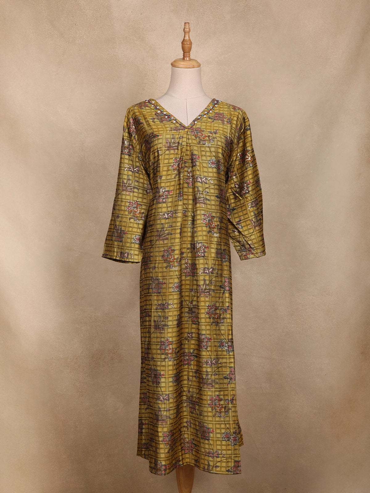 Olive Green Floral Printed Design Cotton Kurti
