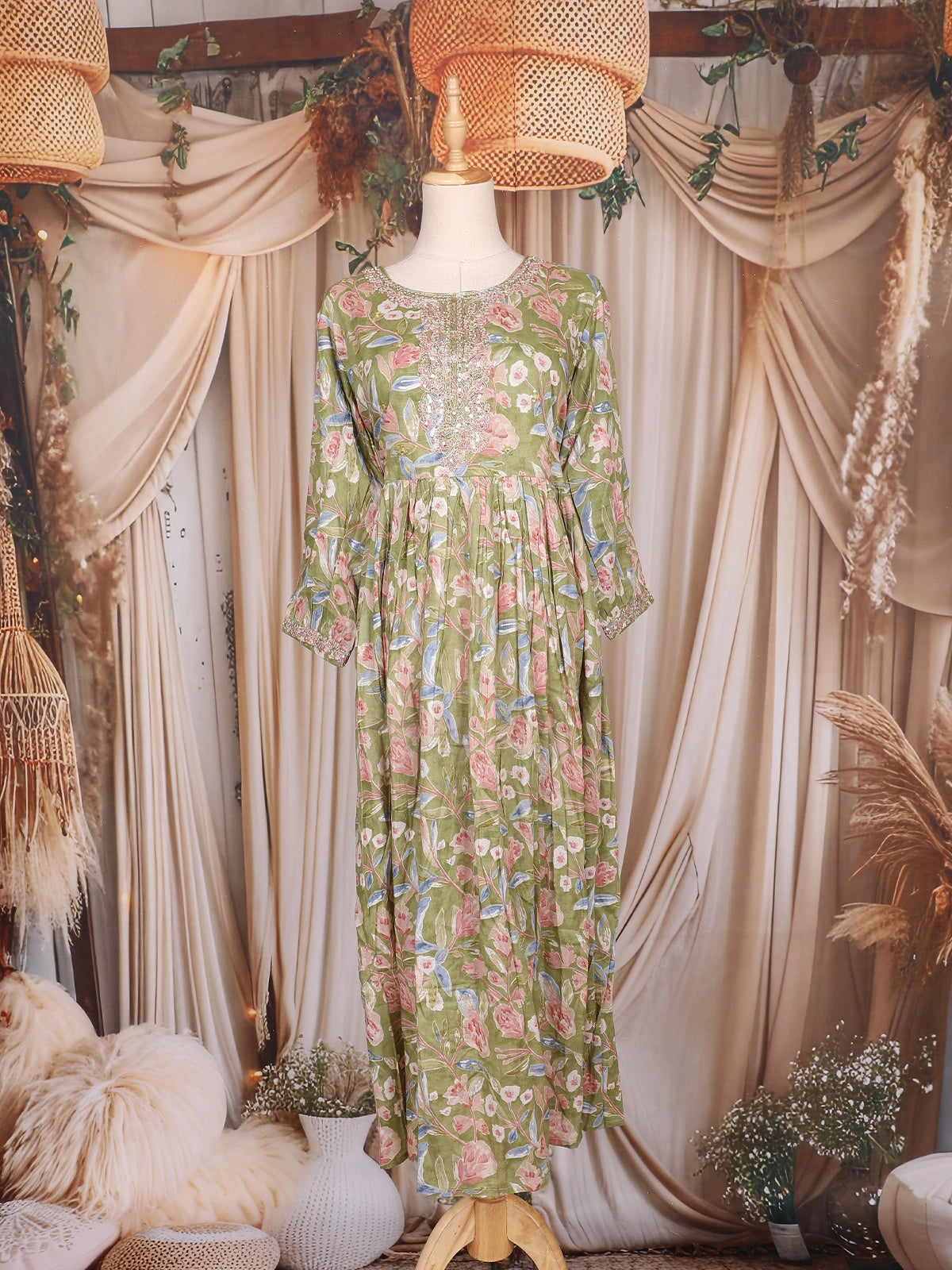 Olive Green Floral Printed Design Cotton Maxi Kurti