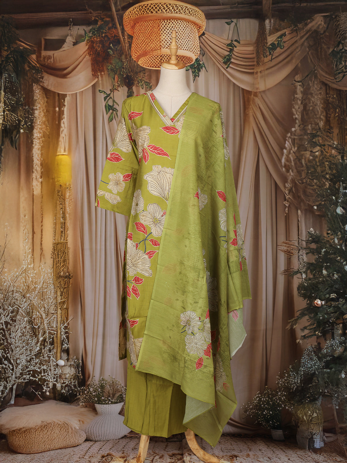 Olive Green Floral Printed Design Cotton Straight Cut Salwar Suit