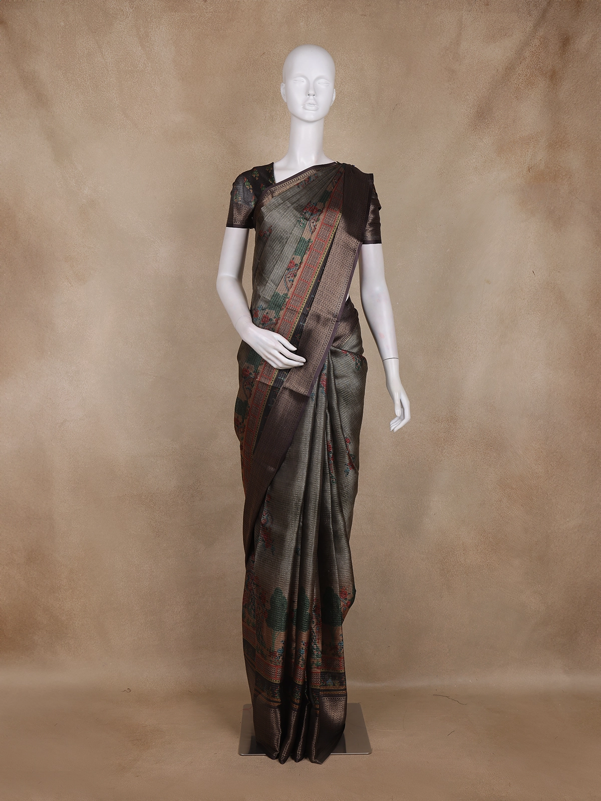 Olive Green Floral Printed Design Mixed Cotton Fancy Saree with Zari Border