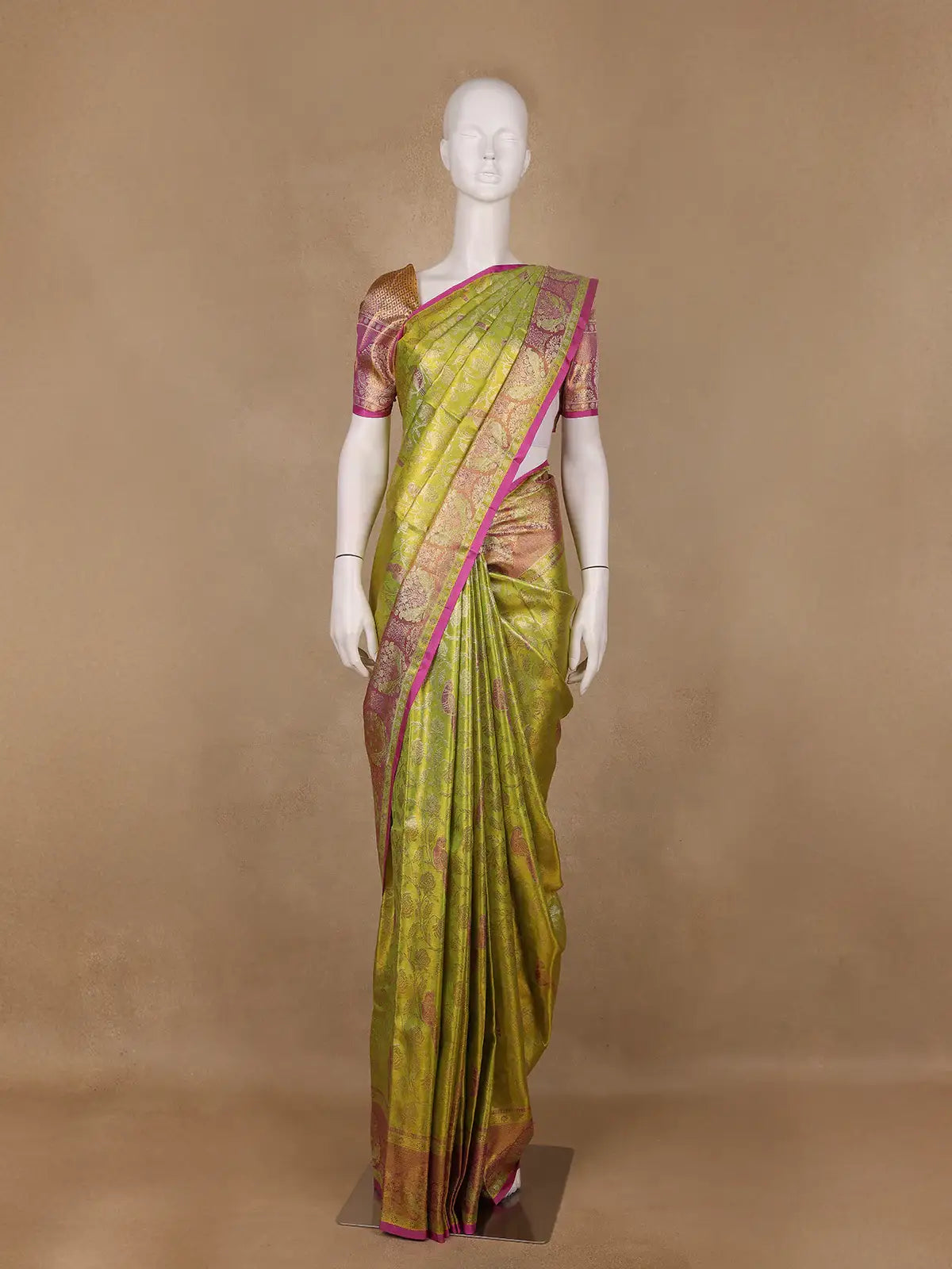 Olive Green Floral Woven Pure Kanchipuram Silk Saree - Diadem