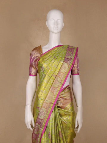Olive Green Floral Woven Pure Kanchipuram Silk Saree - Diadem