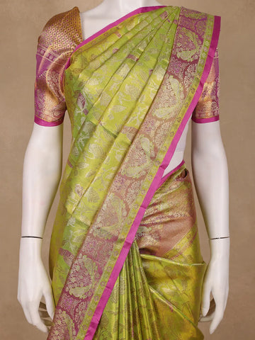 Olive Green Floral Woven Pure Kanchipuram Silk Saree - Diadem