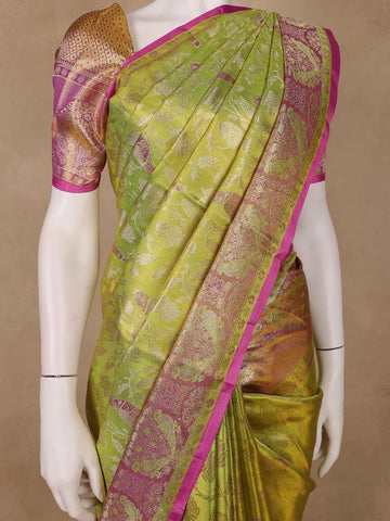 Olive Green Floral Woven Pure Kanchipuram Silk Saree - Diadem