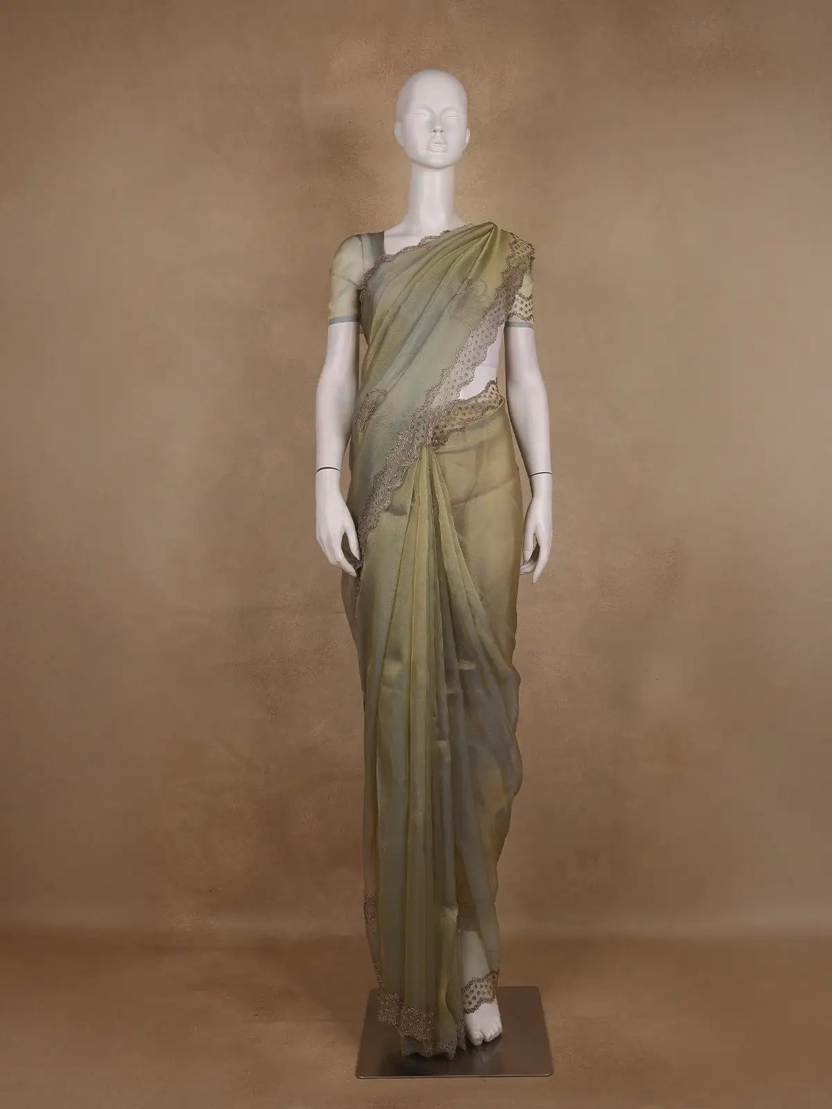 Olive Green Floral sequin and bead embroidery Organza Saree - Diadem