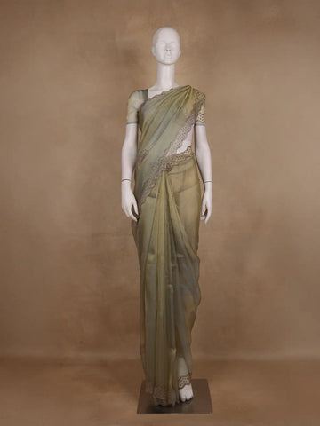 Olive Green Floral sequin and bead embroidery Organza Saree - Diadem