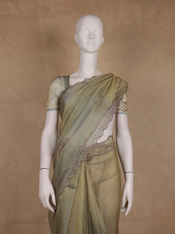Olive Green Floral sequin and bead embroidery Organza Saree - Diadem