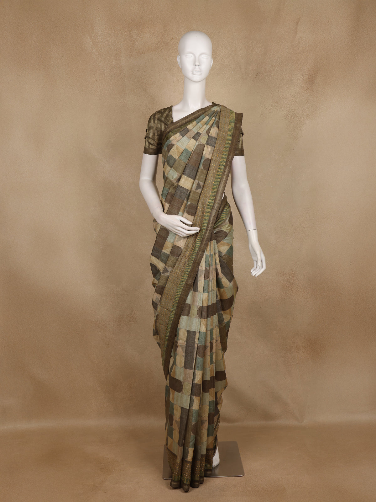 Olive Green Geometric Printed Design Tussar Silk Saree