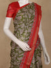 Olive Green Kalamkari Printed Cotton Saree with Contrast Red Border