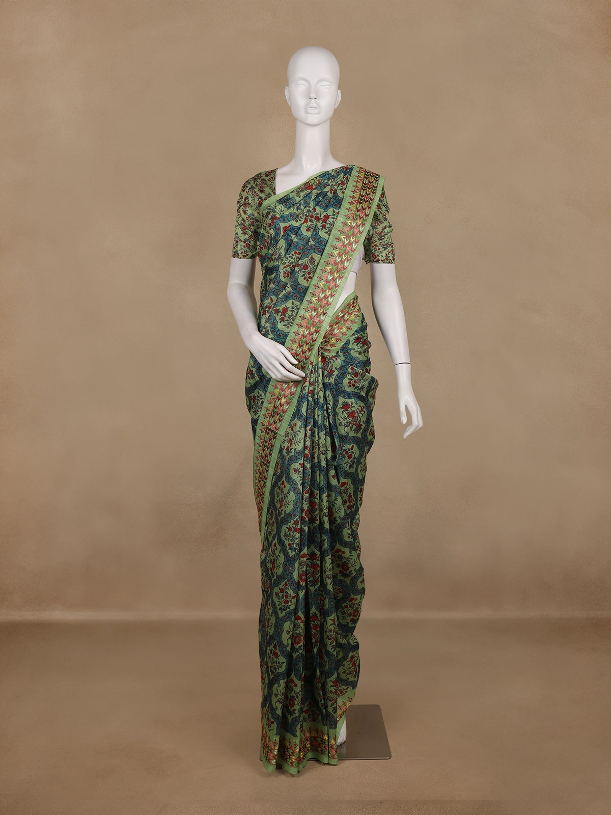 Olive Green Kalamkari Printed Design Cotton Saree