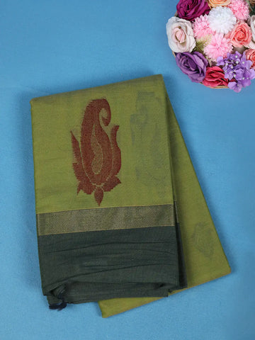Olive Green Paisley Motif Design Cotton Saree With Dark Green Border - Diadem
