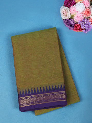 Olive Green Solid Cotton Saree With Zari Woven Purple Border - Diadem