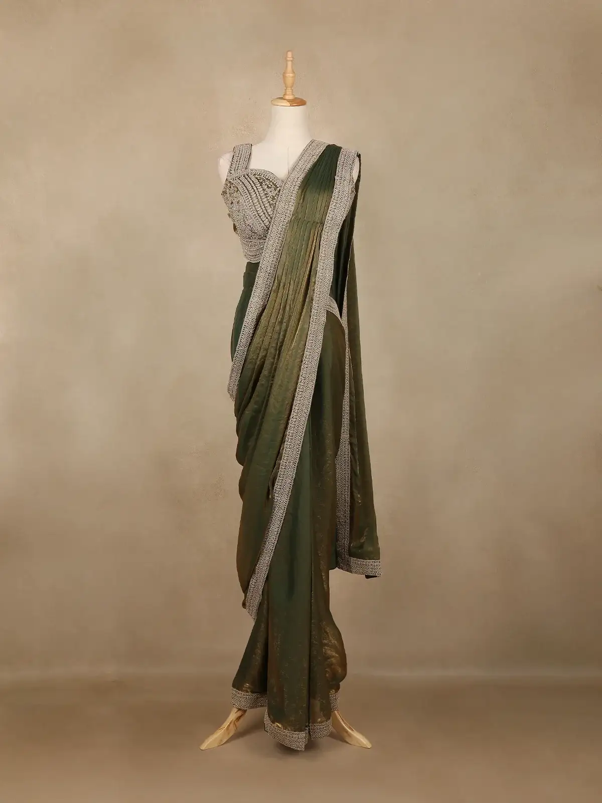 Olive Green Solid Design Chiffon Ready To Wear Saree with Designer Blouse - Diadem