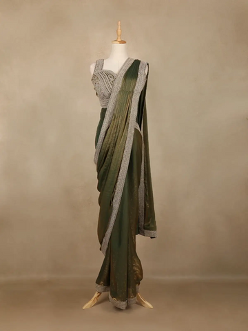 Olive Green Solid Design Chiffon Ready To Wear Saree with Designer Blouse - Diadem