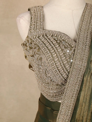 Olive Green Solid Design Chiffon Ready To Wear Saree with Designer Blouse - Diadem