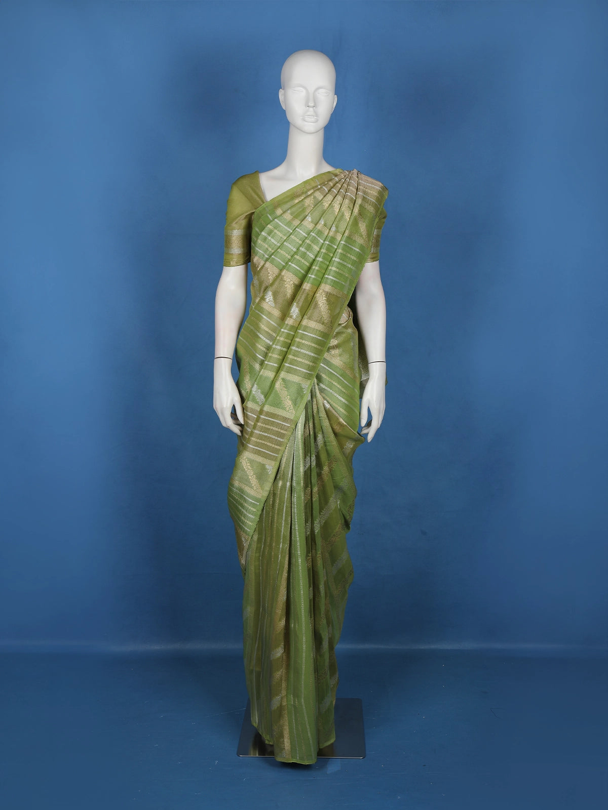 Olive Green Striped And Floral Zari Woven Design Banarasi Silk Saree