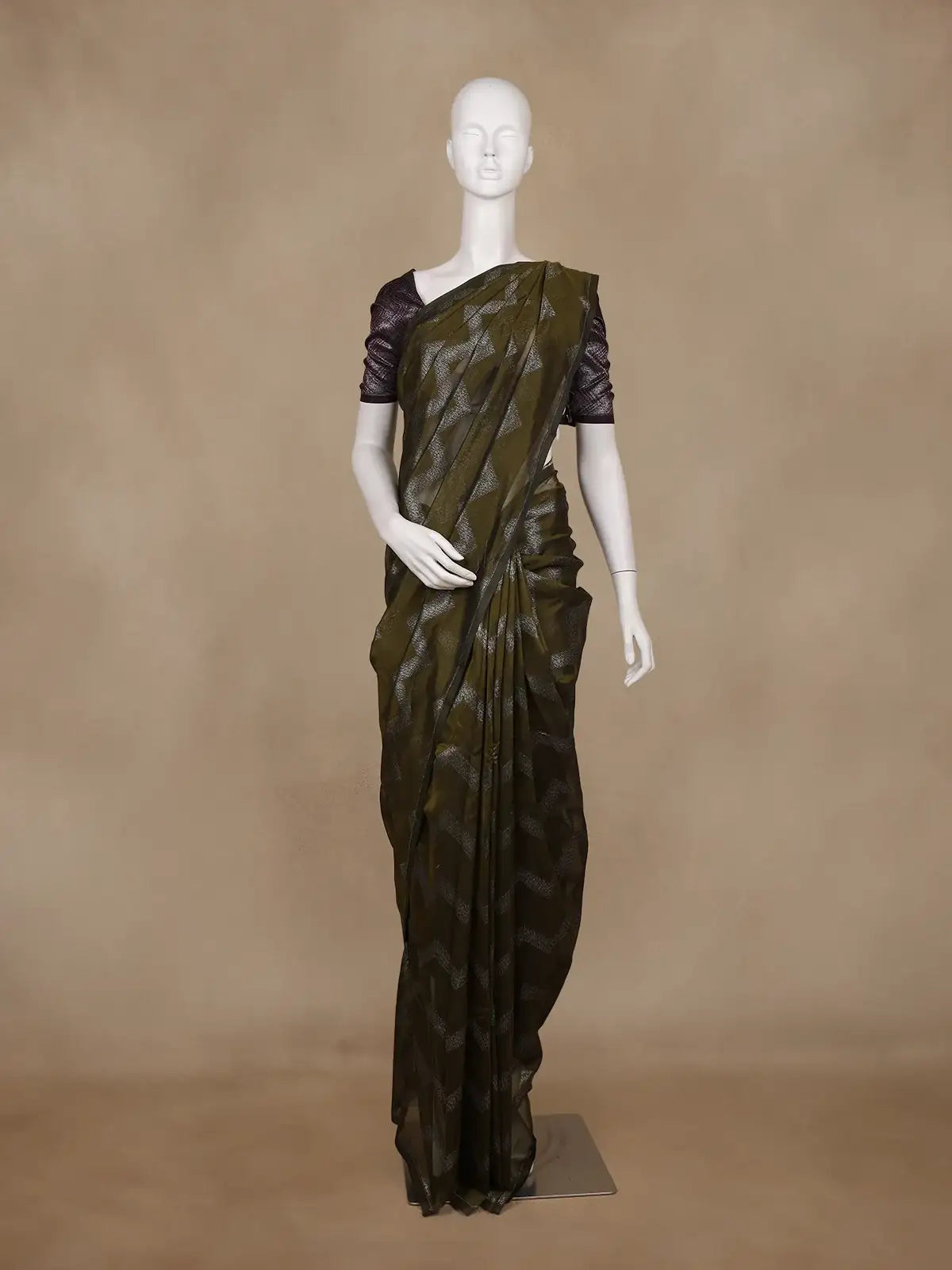 Olive Green Zigzag Woven Kota Cotton Saree - Diadem