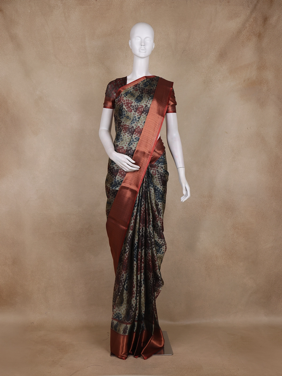 Olive Green and Maroon Ikat Woven Design Cotton Fancy Saree with Zari Border