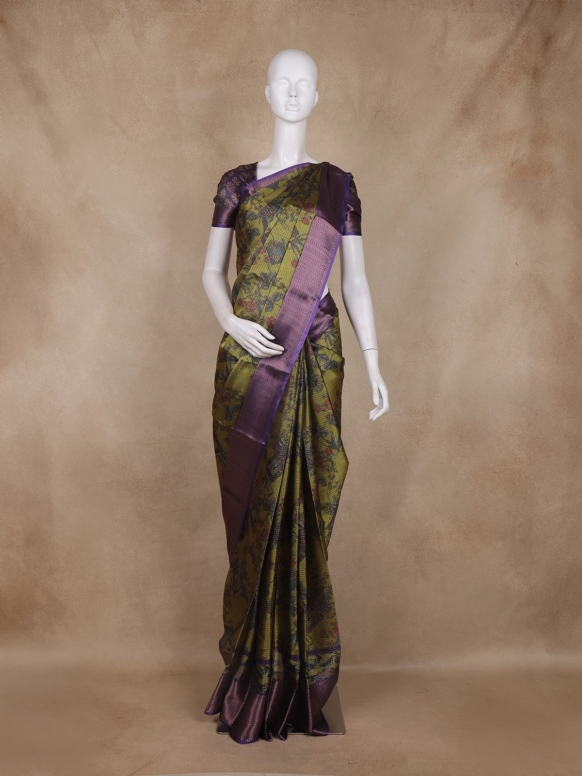 Olive Green and Purple Floral Woven Design Mixed Cotton Fancy Saree with Zari Border