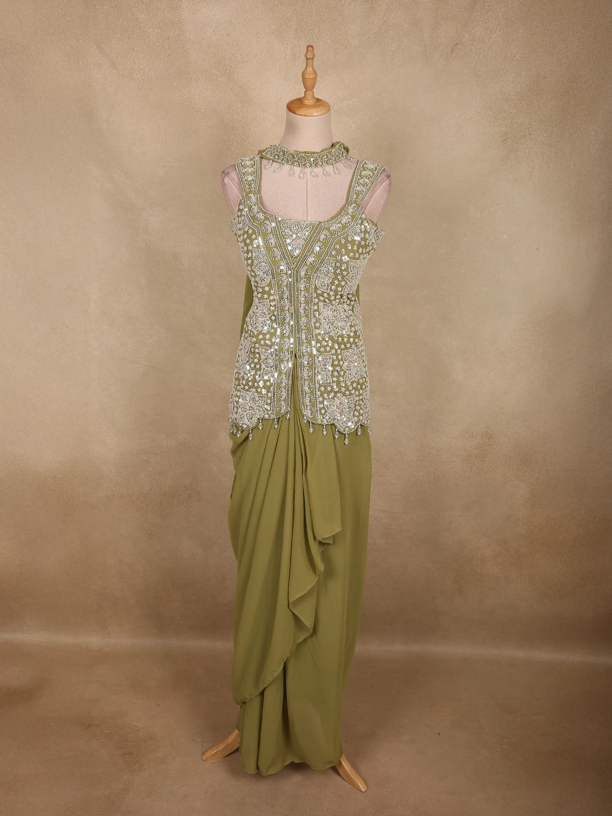 Olive Pistachio Green Floral Beads Embroidered Design Georgette Skirt Top  with Choker Dupatta