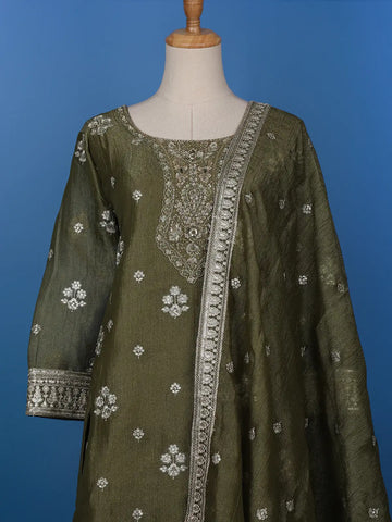 Olive Green Floral Designed Tissue Silk Salwar Suit - Diadem