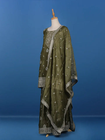 Olive Green Floral Designed Tissue Silk Salwar Suit - Diadem
