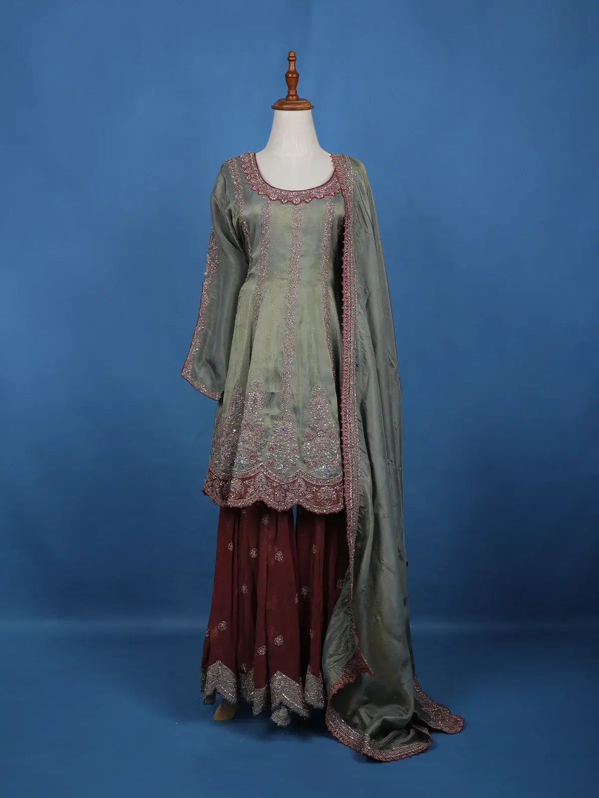 Olive Green Floral Embroidered Silk Sharara Set - Diadem