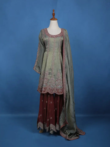 Olive Green Floral Embroidered Silk Sharara Set - Diadem