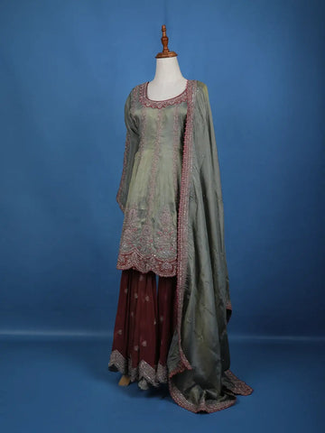 Olive Green Floral Embroidered Silk Sharara Set - Diadem