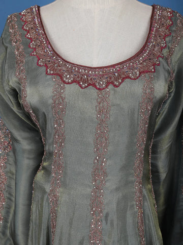 Olive Green Floral Embroidered Silk Sharara Set - Diadem