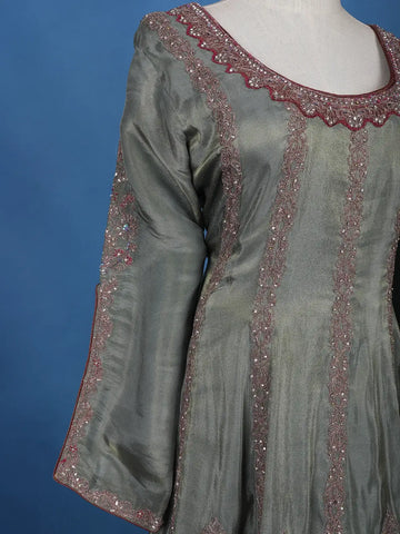 Olive Green Floral Embroidered Silk Sharara Set - Diadem