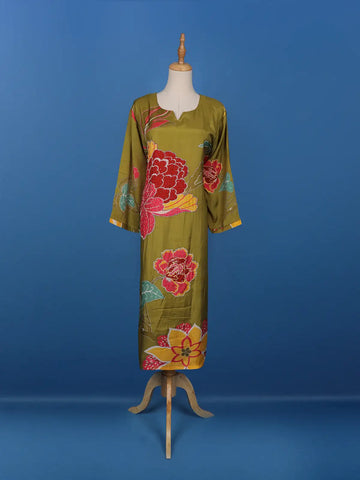 Olive Green Floral Printed Semi Silk Kurti - Diadem