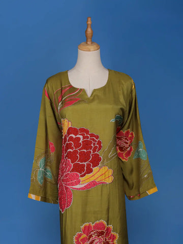 Olive Green Floral Printed Semi Silk Kurti - Diadem