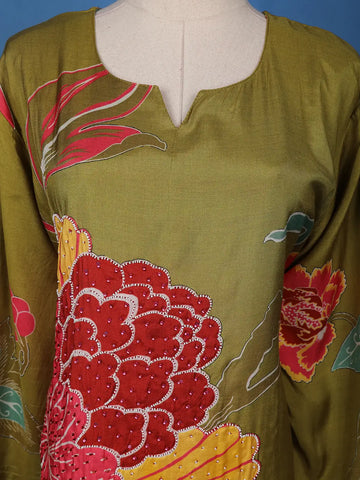 Olive Green Floral Printed Semi Silk Kurti - Diadem