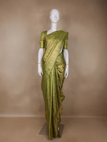 Olive Green Floral Woven Motifs Pure Kanchipuram Tissue Silk Saree - Diadem
