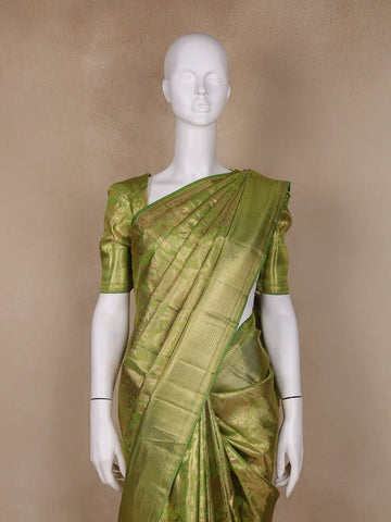 Olive Green Floral Woven Motifs Pure Kanchipuram Tissue Silk Saree - Diadem