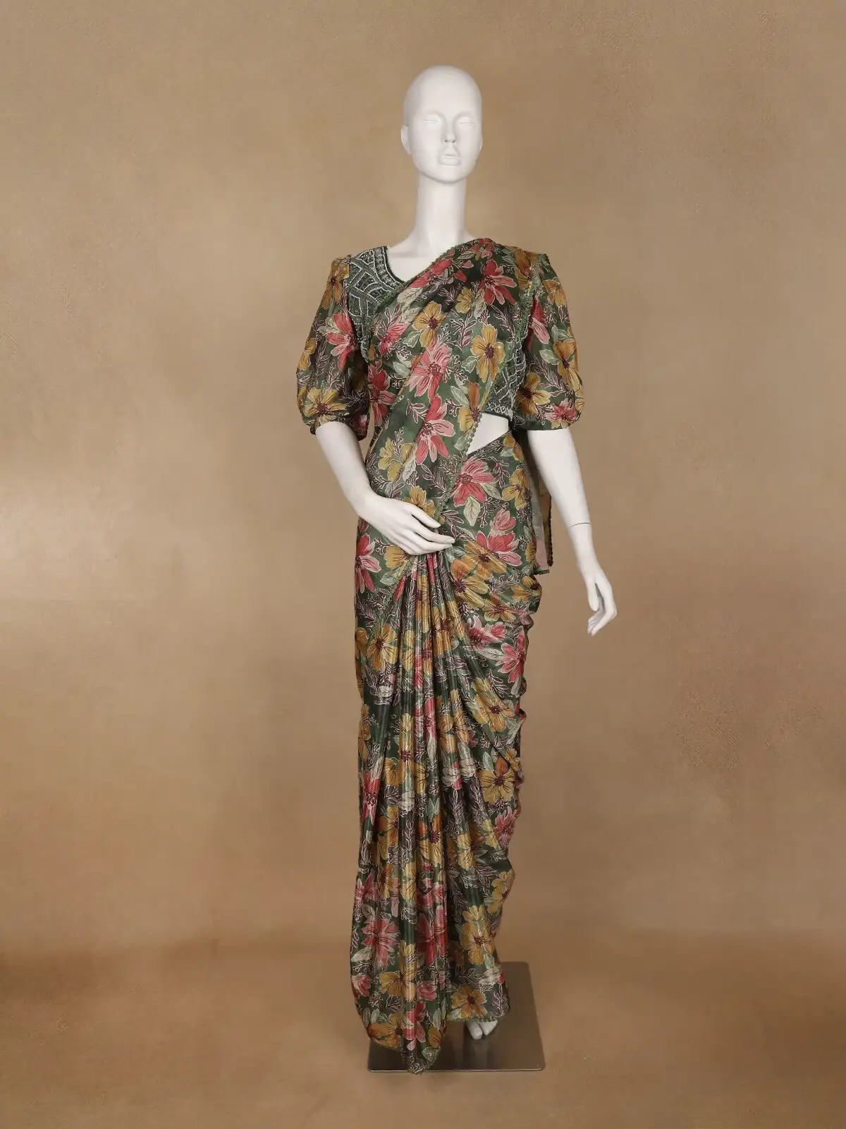 Olive Green Multicolor Floral Printed Synthetic Saree with Embroidered Blouse - Diadem