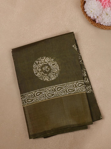 Olive Green Paisley Circle Motif Printed Cotton Saree - Diadem